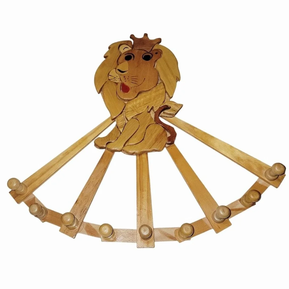 Wooden Lion Accordion Wall Rack 9 Peg Expandable Coat Hat Hanger Nursery Decor